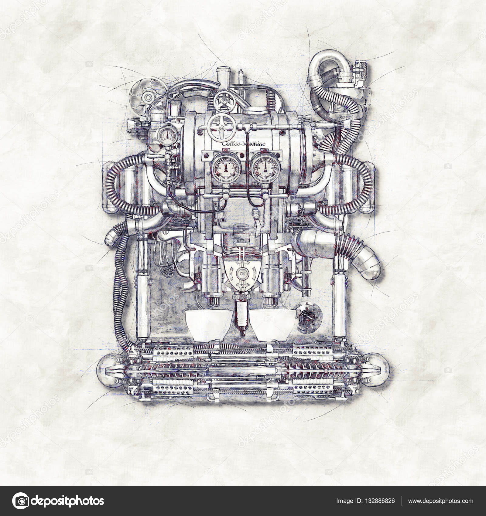 Sketch Coffee Machine, 3D Illustration Stock Illustration by