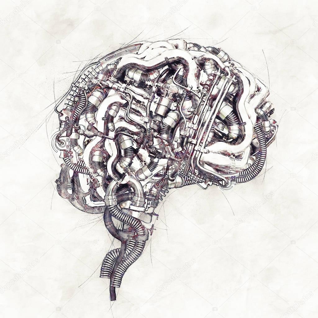 Sketch mechanical Brain, 3D Illustration