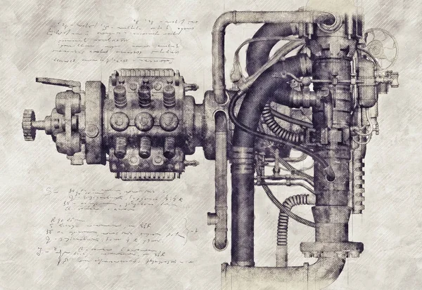 오래 된 기계, 3d 그림의 스케치 — 스톡 사진