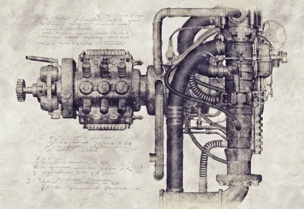 Sketch of an old machine, 3D Illustration Stock Photo