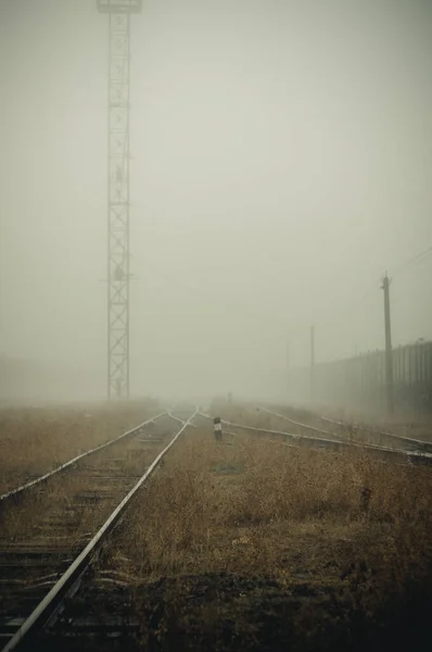 Rieles Ferrocarril Niebla — Foto de Stock