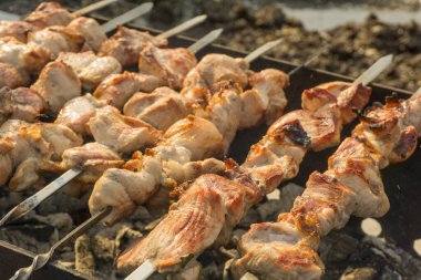 Şişte domuz eti kızartması. Izgaradaki etten şiş kebap.