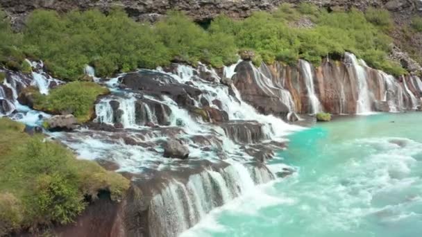 Aerial Footage Barnafoss Waterfall Iceland — Stock Video