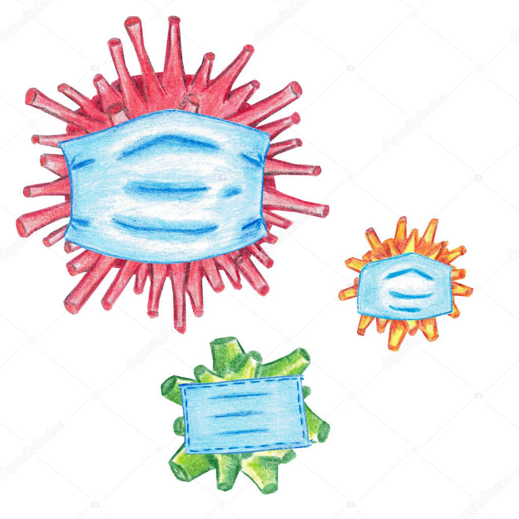 Set of viruses in medical masks. Stop coronavirus and flu pandemic. Watercolor pencils hand drawn illustration on white. Risk of spreading infection worldwide.