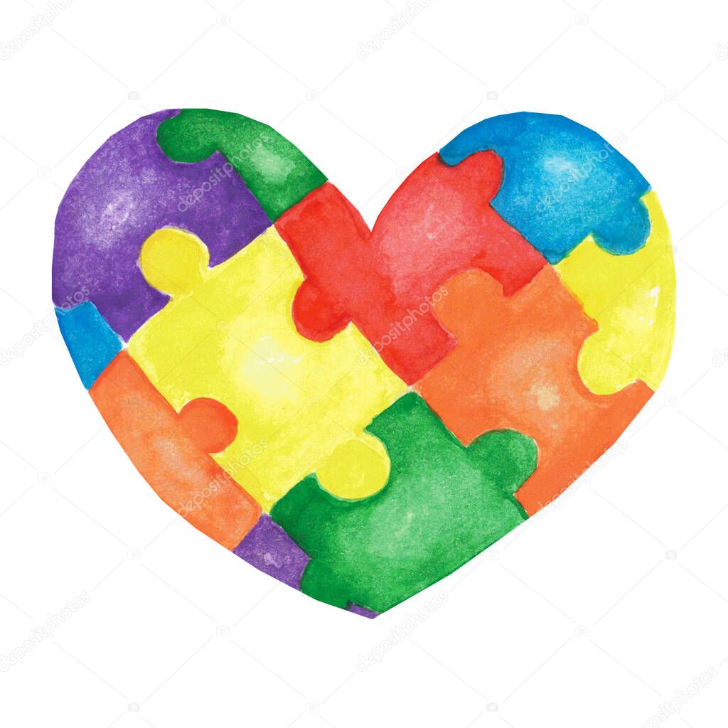 Watercolor hand drawn heart made of colorful puzzles. Concept of autism awareness day, childhood, board games, happy valentine's day, love, decoration for textile, clothes, wrapping scrapbooking paper