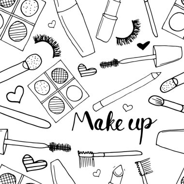 Beyaz arka planda makyaj malzemesi olan kusursuz bir desen. Çizgi film tarzında basit bir vektör el çizimi. Tekstil, ambalaj kağıdı, bez, poster, reklam için yazdır