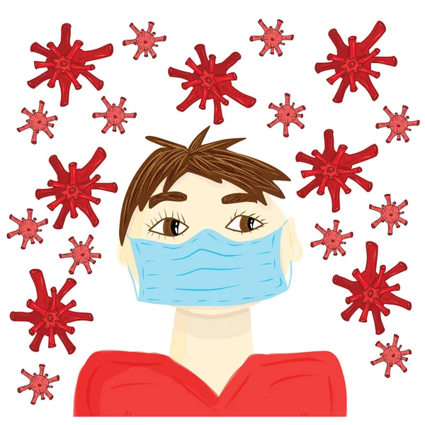 Man Met Masker Omringd Door Rode Virussen Geïsoleerd Witte Achtergrond — Stockvector