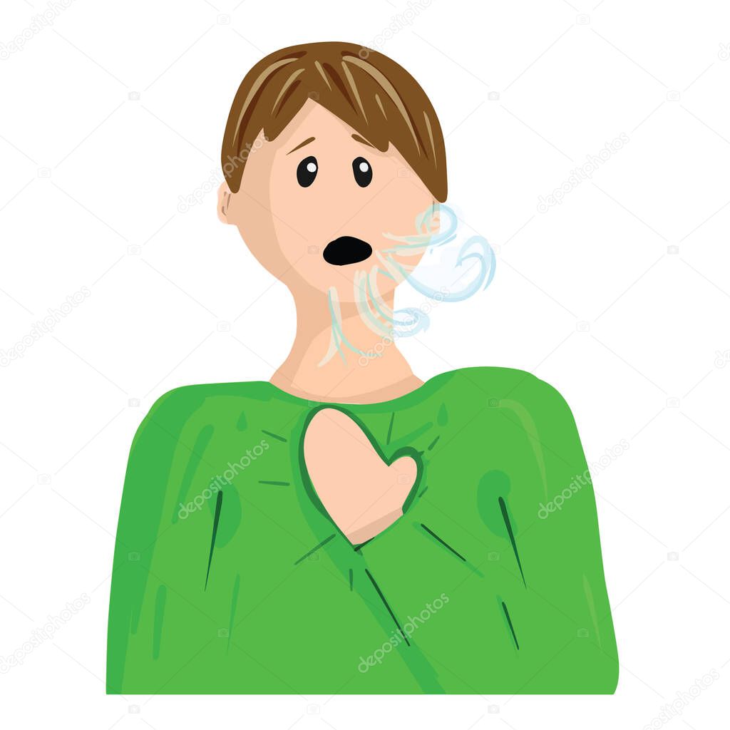 Patient with dyspnea, breathless on white. Vector illustration in cartoon flat style. Sign of diseases: pulmonary embolism, coronavirus infection, measles, pneumonia, tuberculosis, lung cancer, angina