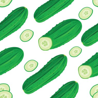 Taze salatalık sebzeleri ve beyaz arka planda dilimleri olan kusursuz bir desen. Çizgi film gerçekçiliğinde vektör illüstrasyonu. Tekstil, mutfak havlusu, peçete, baskı, kozmetik tasarımı