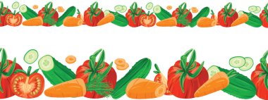 Taze sebzeli havuç, domates ve salatalıklı beyaz. Çizgi film gerçekçiliğinde vektör çizimleri. Web, ürün, reklam, baskı, kıyafet, tekstil için tasarım