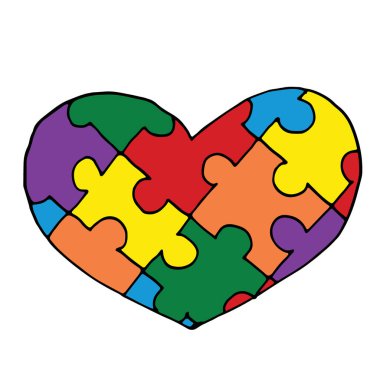 Beyaz arka planda izole edilmiş yapbozlardan yapılmış renkli kalp. Çizgi film karalama tarzında elle çizilmiş basit vektör çizimi. Aşk kavramı, otizm farkındalık günü, tebrik kartı elementi