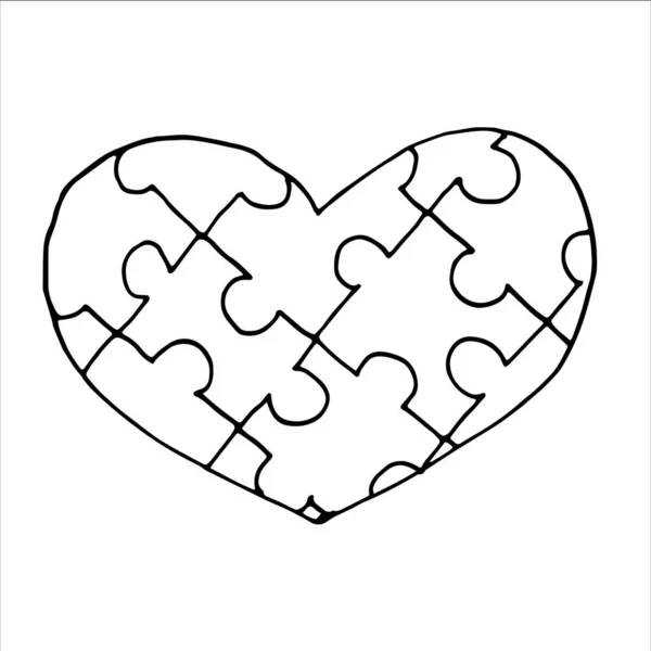 心形拼图是用白色背景隔离的拼图制成的 以卡通涂鸦风格手工绘制简单的矢量图解 爱的概念 自闭症宣传日 海报的元素 — 图库矢量图片