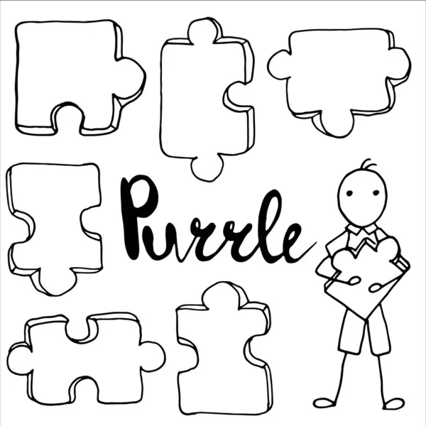 Set Hand Drawn Elements Jigsaw Puzzles Man Character Made Pieces — Stock Vector