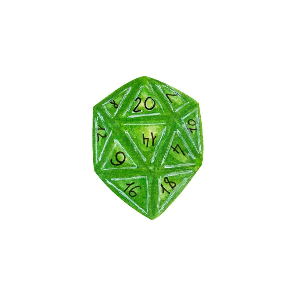 Green Polyhedral Blue Dice Isolated White Background Watercolor Hand Drawn — Stock Photo, Image