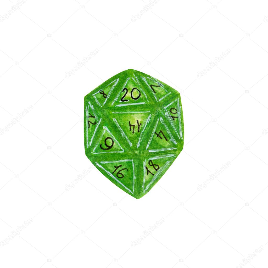 Green polyhedral blue dice isolated on white background. Watercolor hand drawn illustration in cartoon style. Decoration for board, tabletop, role-playing games, chance testing, choise and gambling