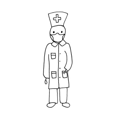 Beyaz arka planda izole edilmiş üniformalı basit bir doktor karakteri. Çizgi film karalama tarzında elle çizilmiş basit vektör çizimi. İlaç, tedavi, hastane çalışanı kavramı
