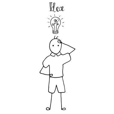 Fikir kavramı ve başla. Beyaz arka planda izole edilmiş basit bir adam. Çizgi film karalama tarzında el çizimi illüstrasyonu. Baskı, web, iş geliştirme, eğitim, icat için tasarım