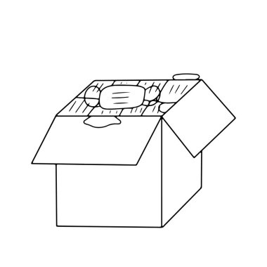 Tıbbi maskeli bir karton kutu. Bireysel koruma ekipmanı sıkıntısı çeken ülkelere insani yardım. Karalama tarzında vektör illüstrasyonu. Web, reklam, baskı, bilgi grafikleri için tasarım