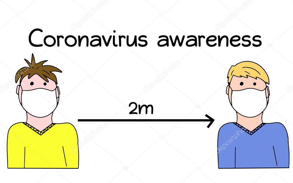 Coronavirus awareness. Keep safe distance betweeen pepole. Quarantine restrictions for prevention infectious disease. Vector illustration in cartoon doodle stye. Design for infographics, instructions