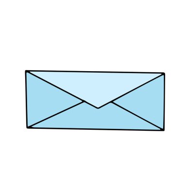Mektup yollamak için mavi zarf. Hızlı teslimatlı posta servisi. Önemli belgeler, para, rüşvet konsepti, sırlar, yazışmalar. Çizgi çizim biçiminde basit vektör illüstrasyonu.