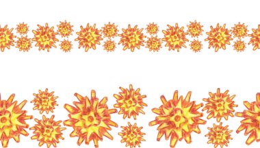 Ncov Coronavirus 2019 enfeksiyonuyla kusursuz sınır. Salgın gelişim riski, virüsler yayılıyor. Suluboya kalemler virüslerin el çizimleri ve çizgi film tarzında harfler.