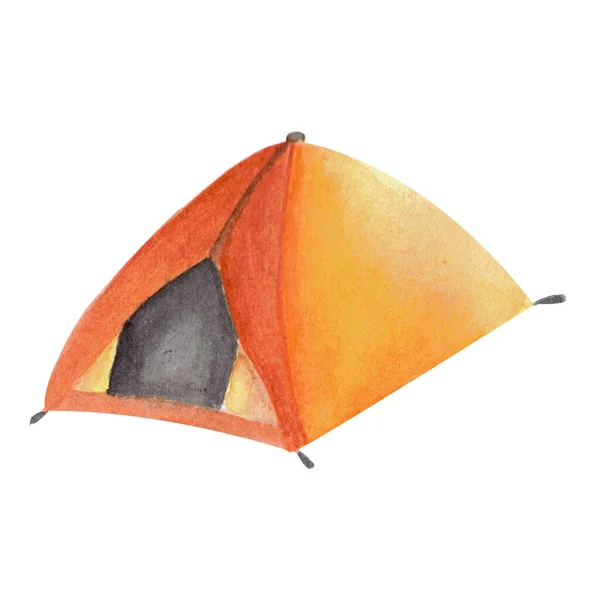 キャンプや登山のためのオレンジテント白の背景に孤立した 水彩手描きイラスト 設計者の観光 夜のための極端な宿泊施設 — ストック写真