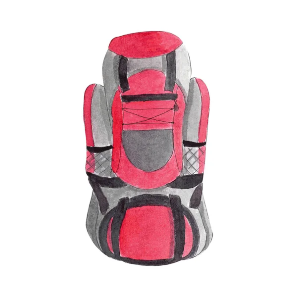 Großer Roter Rucksack Für Zelten Und Expeditionen Aquarell Handgezeichnete Illustration — Stockfoto