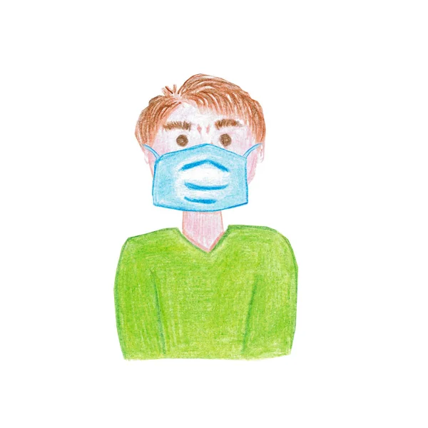 Pojke Gröna Kläder Medicinsk Mask Isolerad Vit Bakgrund Begreppet Läkemedel — Stockfoto