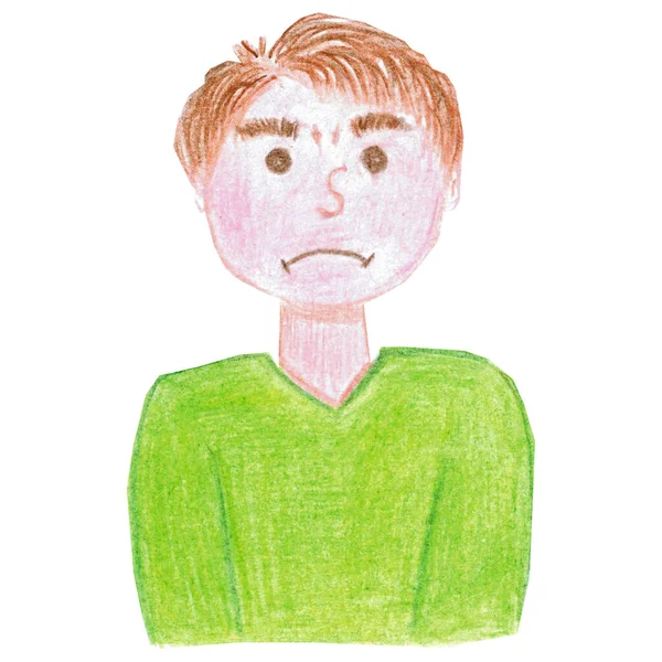 Sad Boy Green Suit Isolated Green Background Watercolor Pencils Hand — Stock Photo, Image