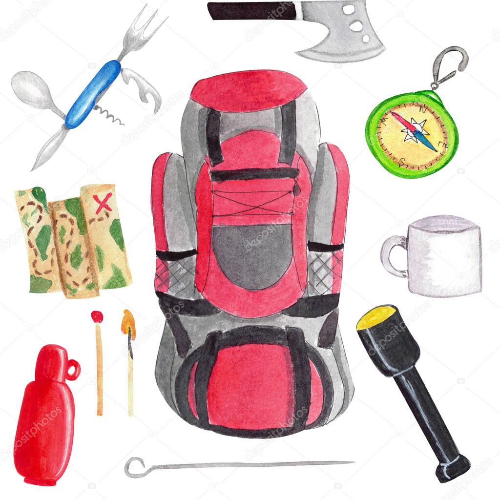 Set with equipment for camping isolated on white background. Watercolor hand drawn illustrations in cartoon style. Decorations for print, posters, tourism shops, expeditions concept.