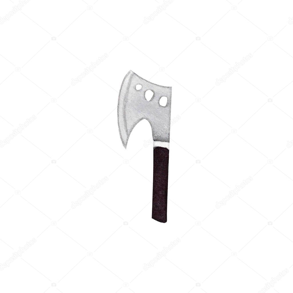 Axe for camping, hacking firewood. Watercolor hand drawn illustration isolated on white background. Element for workers, logo, icon, design, decoration, emblem 