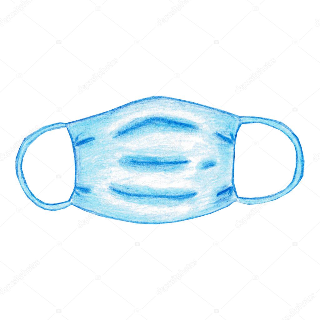 Blue medical mask hand drawn with watercolor pencils isolated on white background. Concept of protection, medicine, equipment, prevention, infectious diseases, flu, measles, coronavirus, operation.