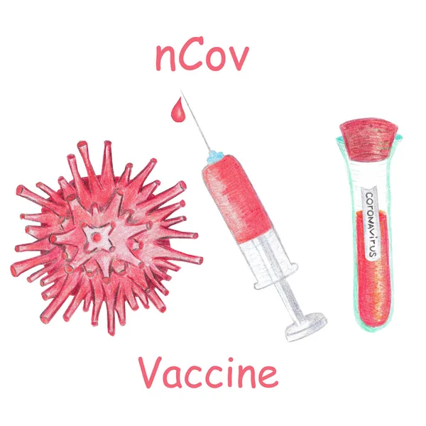 Vaccinundersökning Mot Koronavirusinfektion Handritade Akvarellpennor Illustration Rött Virus Spruta Rör — Stockfoto