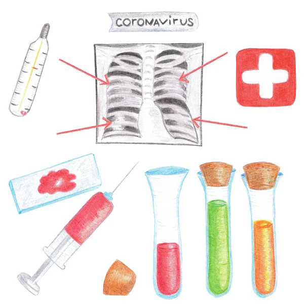 코로나 바이러스 측정기 방사선 바이러스 주사기가 손으로 수채화 — 스톡 사진