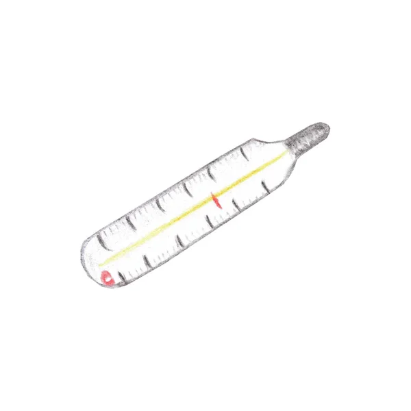 Ιατρικό Θερμόμετρο Απομονωμένο Λευκό Φόντο Χρωματιστά Μολύβια Ζωγραφισμένα Στο Χέρι — Φωτογραφία Αρχείου