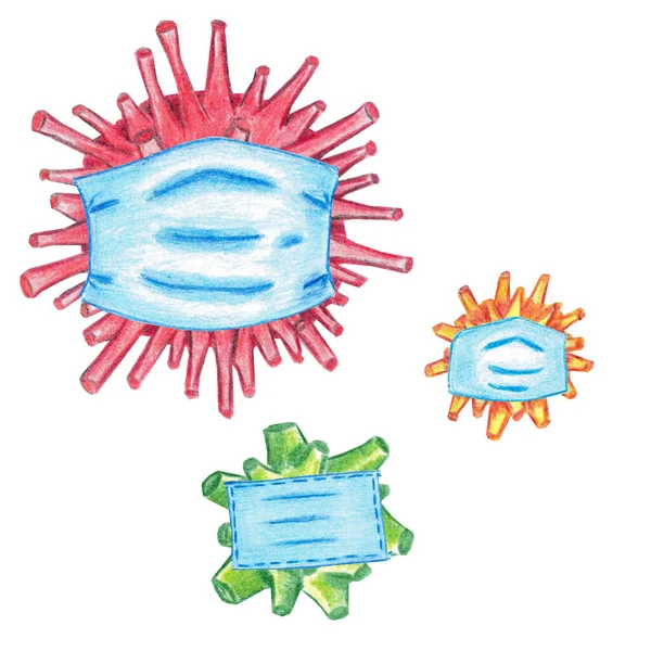 Zestaw Wirusów Maskach Medycznych Powstrzymaj Koronawirusy Pandemię Grypy Akwarela Ołówki — Zdjęcie stockowe