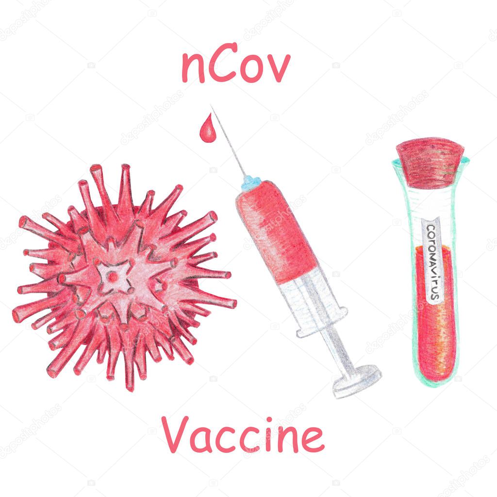 Vaccine investigation against coronavirus infection. Hand drawn watercolor pencils illustration. Red virus, syringe, tube with liquid. Concept jf global problem protection, medicine laboratory science