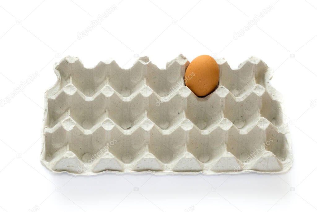 Last chance to eat. One lonely egg in gray carton egg tray isolated on white background. Assortment of food in single man fridge