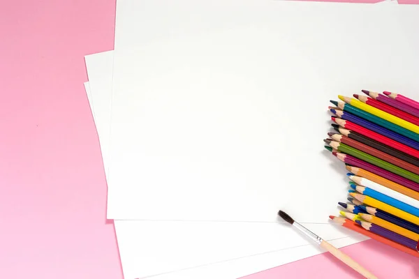 Colorful Painting Composition White Paper Colorful Aquarelle Pencils Brush Learning — Stock Photo, Image