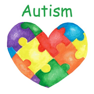 Renkli bulmacalardan yapılmış suluboya bir kalp. Otizm Farkındalık Günü, çocukluk, masa oyunları, Sevgililer Günü, aşk, tekstil, kıyafet, koleksiyon defteri için dekorasyon