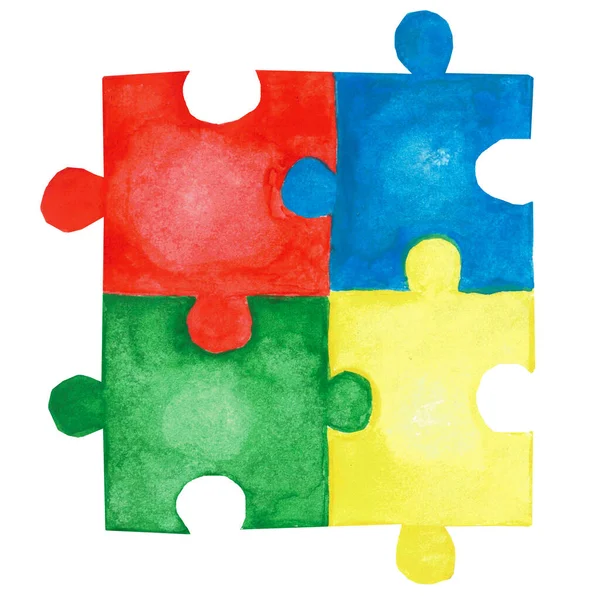 Colorati Quattro Puzzle Colore Giallo Blu Rosso Verde Isolati Bianco — Foto Stock