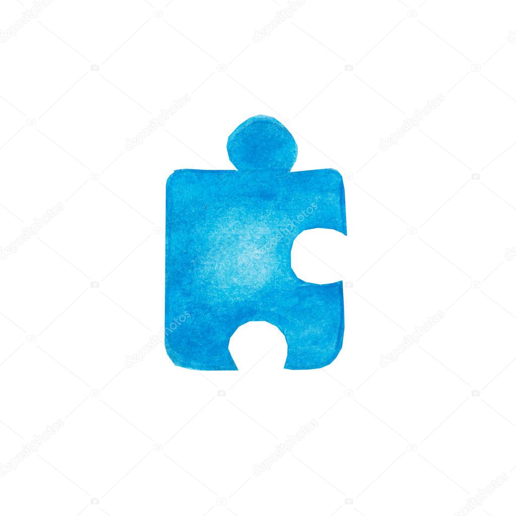 Blue puzzle element isolated on white background. Autism awareness day. Concept of childhood, disease, board games, children. Watercolor hand drawn illustration.