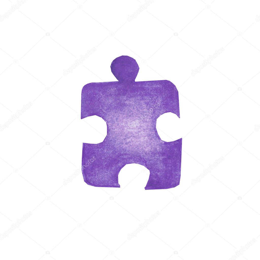 Watercolor hand drawn violet puzzle element isolated on white background. Autism awareness day. Concept of children game, problems, childhood, teambuilding, working process, board games, solution.