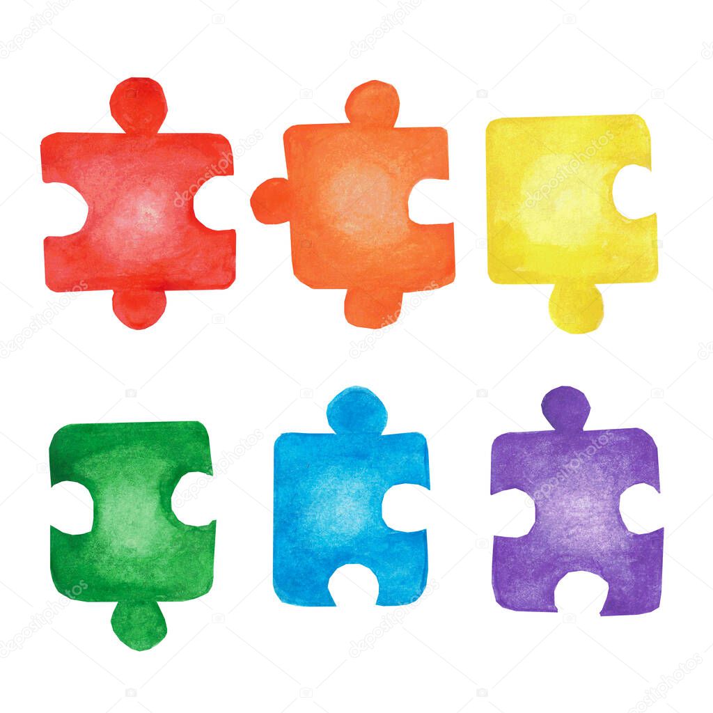 Set of colorful jigsaw puzzles isolated on white background in cartoon style. Watercolor hand drawn illustrations. Concept of autism awareness day, board children games, team building, decorations