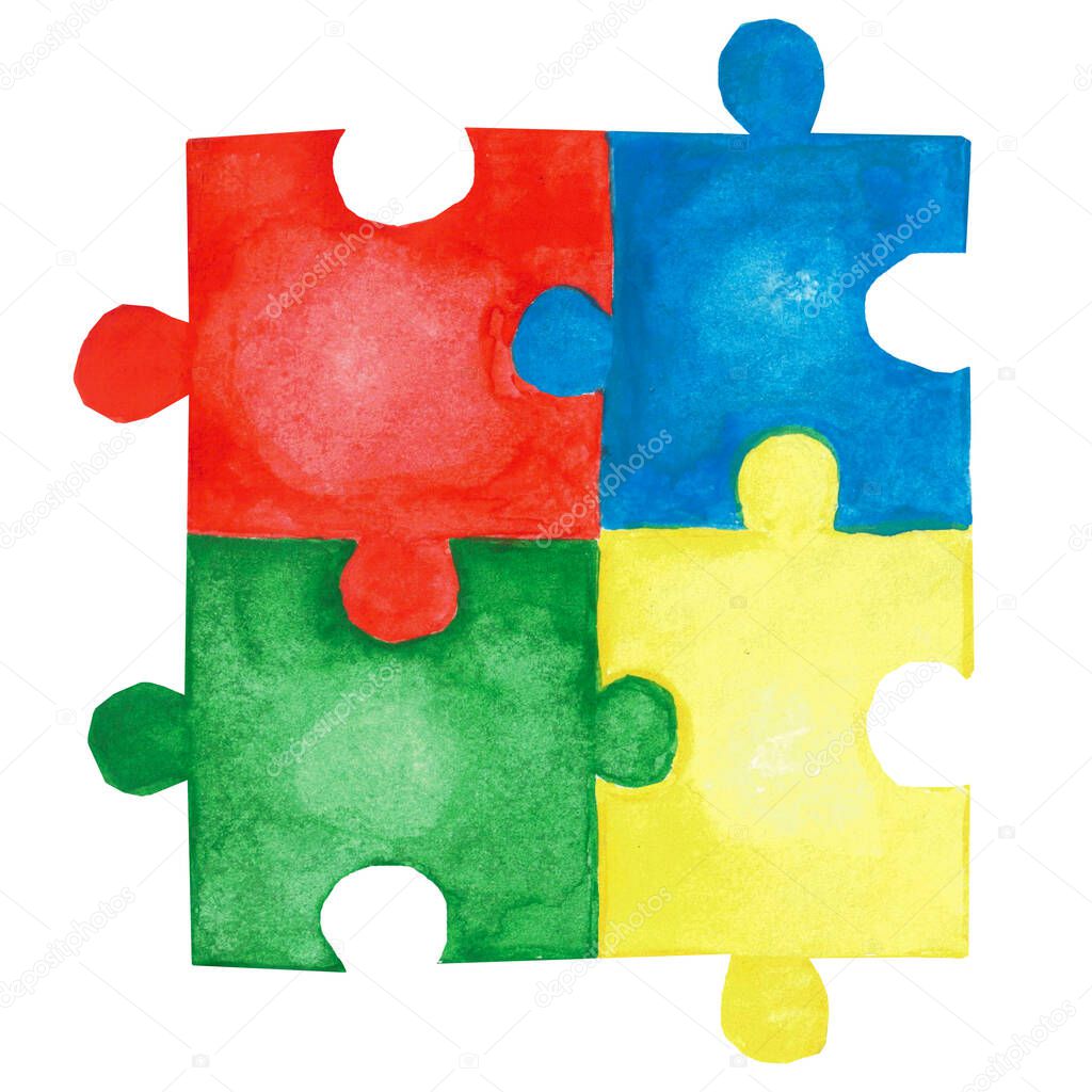Colorful four jigsaw puzzles of yellow, blue, red and green color isolated on white. Watercolor hand drawn aquarelle illustration in cartoon style. Concept of autism, children with disabilities