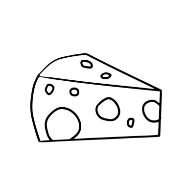 Beyaza izole edilmiş delikli peynir. Çizgi film karalama tarzında basit vektör çizimi. Süt ürünleri konsepti, şarap aperatifi, tarım ürünü, degukasyon, doğal sağlıklı ekolojik gıda