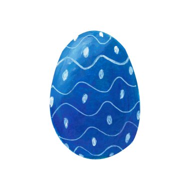 Beyaz arka planda izole edilmiş beyaz süslemeli mavi paskalya yumurtası. Suluboya el resmi çizimi. Mutlu Paskalyalar. Dekor, tasarım, tebrik kartı, poster, hatıra defteri dekorasyonu
