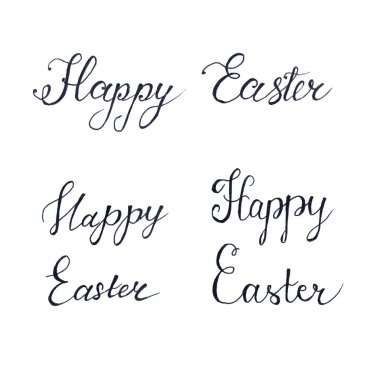 Siyah renkli kartpostallar için el yazısıyla Paskalya tebrikleri. Beyaz üzerine izole edilmiş. Bahar tatili kutlamaları için kaligrafi yazıları. Yazdırma ve tipografi için dekorasyon ögeleri.
