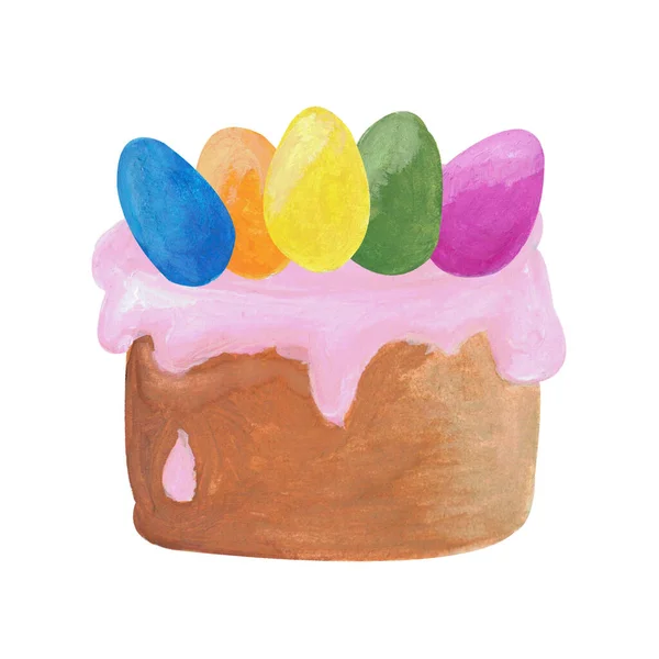 Osterkuchen Mit Rosa Glasur Und Farbigen Eiern Isoliert Auf Weißem — Stockfoto