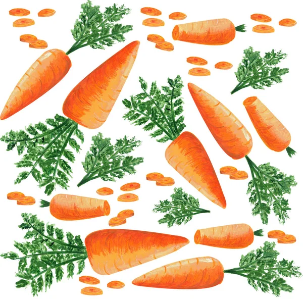 一组胡萝卜和切片在白色背景上隔离 水彩画手绘插图 新鲜蔬菜装饰 产品设计 纺织品 — 图库照片